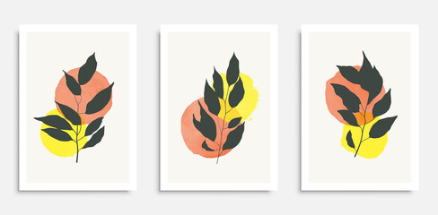 Botanical wall art vector set. Foliage line art drawing with abstract hand drawn shapes. Abstract Plant Art design for print, cover, wallpaper, Minimal and natural wall art. Vector illustration.