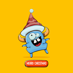 Vector cartoon funky blue monster with Santa Claus red hat isolated on orange background. Childrens Merry Christmas greeting card with funny monster elf Santa Claus.