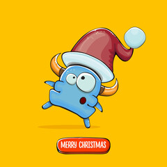 Vector cartoon funky blue monster with Santa Claus red hat isolated on orange background. Childrens Merry Christmas greeting card with funny monster elf Santa Claus.