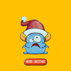 Vector cartoon funky blue monster with Santa Claus red hat isolated on orange background. Childrens Merry Christmas greeting card with funny monster elf Santa Claus.