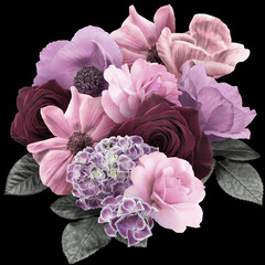Anemone, roses and hydrangea isolated on black background. Floral arrangement, bouquet of garden flowers. Can be used for invitations, greeting, wedding card.