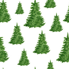 Watercolor spruce forest seamless pattern. Hand painted evergreen fir trees isolated on white background. Woodland repeated design for Christmas, winter cards, textile, wrapping paper.