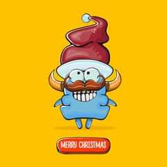 Vector cartoon funky blue monster with Santa Claus red hat isolated on orange background. Childrens Merry Christmas greeting card with funny monster elf Santa Claus.