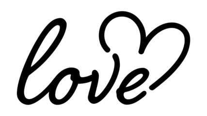 Love Lettering in Handwritten Cursive Style with Love Heart Drawing. 'Love' Typography Vector Design in Hand-Drawn Font. 