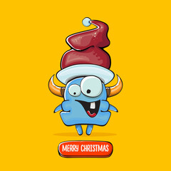 Vector cartoon funky blue monster with Santa Claus red hat isolated on orange background. Childrens Merry Christmas greeting card with funny monster elf Santa Claus.