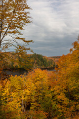 Fototapeta premium Autumn hues along Chapel Lake at Pictured Rocks National Lakeshore, Michigan, USA