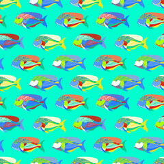 Bright seamless pattern with the image of exotic fish. Design for fabric and wallpaper decoration.