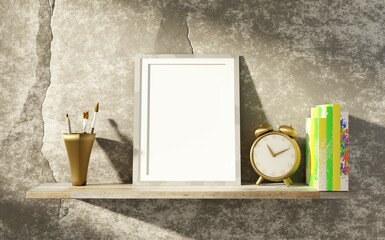Empty poster template on the shelf with watches and books. Stone wall background. 3D rendering.