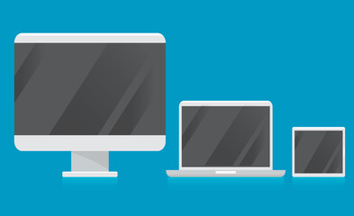 Device screen mockup. Tablet, laptop and monoblock monitor, with blank screen for you design.