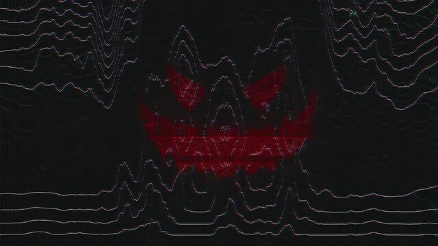 Looping scary Halloween pumpkin face with glitch modulation effects. Animated horror background.