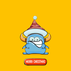 Vector cartoon funky blue monster with Santa Claus red hat isolated on orange background. Childrens Merry Christmas greeting card with funny monster elf Santa Claus.