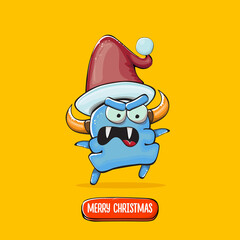 Vector cartoon funky blue monster with Santa Claus red hat isolated on orange background. Childrens Merry Christmas greeting card with funny monster elf Santa Claus.