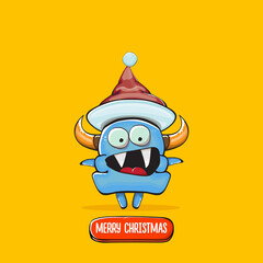 Vector cartoon funky blue monster with Santa Claus red hat isolated on orange background. Childrens Merry Christmas greeting card with funny monster elf Santa Claus.