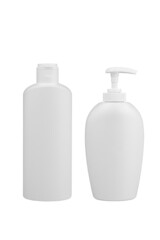 Body cream, shampoo, shower gel or lotion containers. Unbranded beauty product packaging mock up. Set of blank cosmetic plastic bottles isolated on white background. 