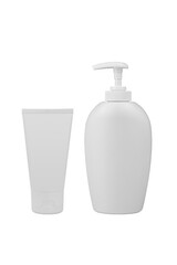 Cosmetic bottle with pump dispenser and cream tube isolated on white background. Skin care products packaging mock up. Blank plastic cosmetic containers.