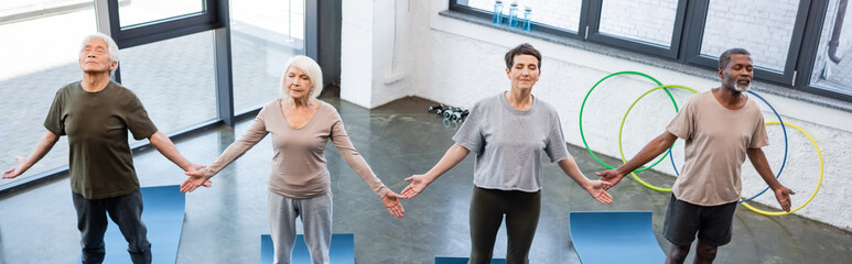 High angle view of senior multiethnic people doing yoga pose in sports center, banner.