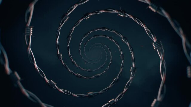 Seamless looping zoom on rotating barbed wire spiral. Dark blue animated background and fire sparks.