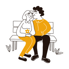 Elderly happy couple people on romantic dating in park. Feeling happy of grandfather and grandmother retirement age. Senior couple hand drawn vector illustration.
