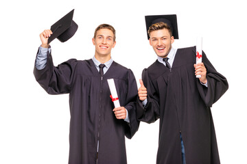 Happy graduates. Young handsome students expressing positivity. Isolated on white.