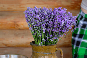 Lavender in old clay jug on the wooden house background. The body part. Real life.