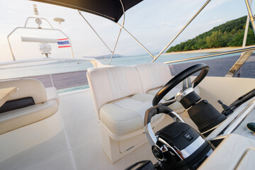 Luxury traveling. Interior of modern motor yacht.