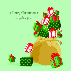 Mountain of gifts in sack. Christmas background or postcard design vector illustration.