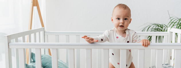 baby in romper looking at camera while standing in crib, banner.