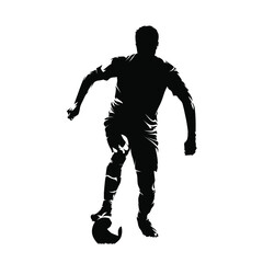 Football player running with ball, isolated vector silhouette, front view. Soccer, team sport