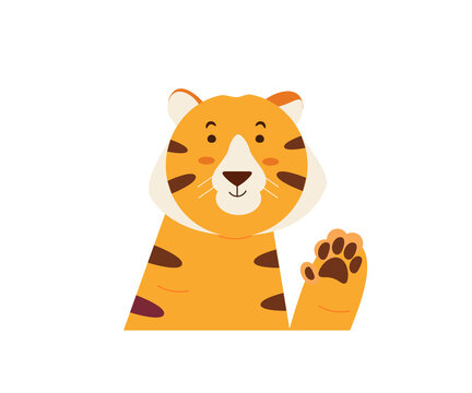 Tiger waving his paw saying hello. The symbol of the year 2022 is the Chinese horoscope. Vector illustration