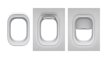 Plane aircraft window vector. Flight porthole view. inside airplane. sky frame. travel cabin. 3d realistic illustration