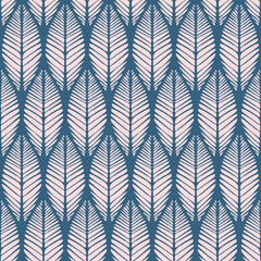 Seamless vector pattern with modern leaf texture on blue background. Simple home decor wallpaper design. Decorative floral fashion textile.