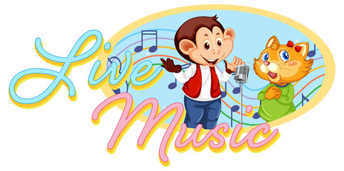 Obraz na płótnie Canvas Live Music logo with monkey and cat singing