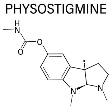 Physostigmine alkaloid molecule. Present in calabar bean and manchineel tree, acts as acetylcholinesterase inhibitor. Skeletal formula.