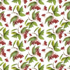 Leaves berries autumn wild grapes rowan acorns watercolor illustration hand drawn patern seamless print textile 