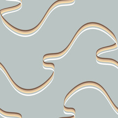 Seamless vector pattern with flowing ribbon on grey background. Simple colour gradient rainbow wallpaper design. Decorative wave fashion textile.