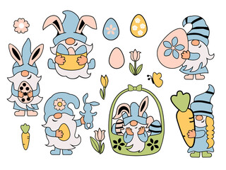 Fototapeta premium Gnomes with bunny ears and eggs on white background. Vector illustration Easter set.