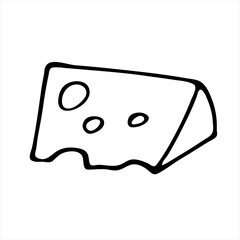 Doodle is a hand-drawn sketch of cheese, isolated on a white background. A simple illustration for cafes, restaurants, the Internet, messages, advertising. Black and white image.