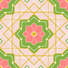 Seamless vector pattern with geometrical floral wall tile on pink background. Simple home decor wallpaper design. Decorative square fashion textile.