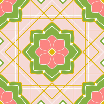 Seamless vector pattern with geometrical floral wall tile on pink background. Simple home decor wallpaper design. Decorative square fashion textile.