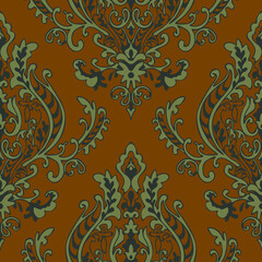Seamless vector pattern with vintage flower bloom on brown background. Floral Victorian style wallpaper design. Decorative baroque fashion textile.