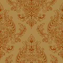 Seamless vector pattern with arabesque wallpaper on brown background. Victorian royal paisley design. Decorative floral fashion textile.