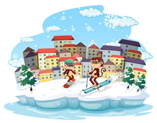 Aap skiën in de sneeuw bij daglicht