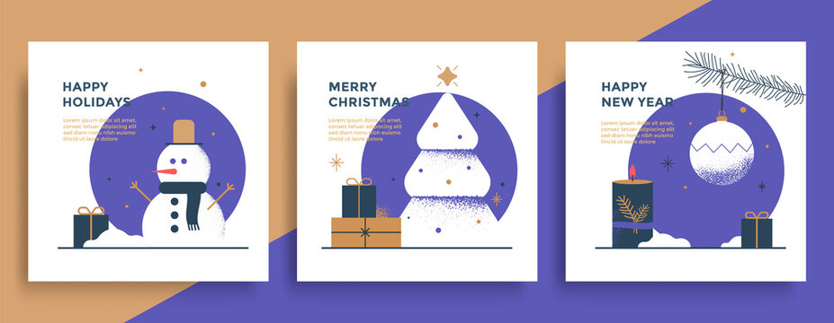 New Year and Christmas greeting card design with Christmas tree, snowman and decoration. Modern winter holiday cover in gold and purple colors.