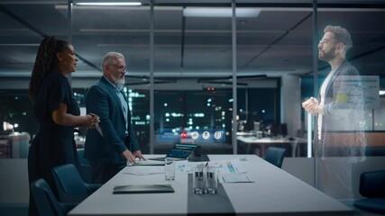 Future Office Online Meeting Video Conference Call: Businesspeople Connect to Augmented Reality Metaverse, Talk to Digital Entrepreneur. e-Business For Virtual Remote Work. Hologram Concept Simulation - Powered by Adobe