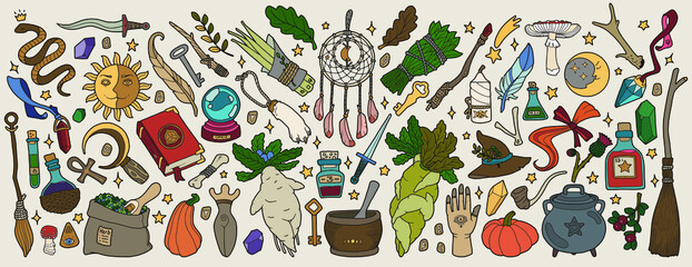 Magic items. Hand drawing illustration. 