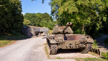 Military tank in front of the ligne Maginot fortification in France on September 2019