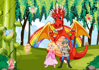 Obraz na płótnie Canvas Cartoon dragon and knight in enchanted forest
