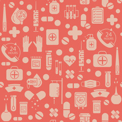 Seamless pattern with vector medical Icons in flat style. Medical white icons on red background for your design