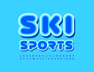 Vector modern banner Ski Sports with Blue sticker Font. Abstract style Alphabet Letters and Numbers set