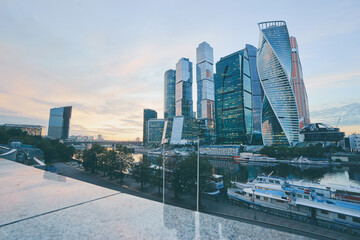 Modern skyscraper architecture. Moscow international business center Moscow city at sunset, Russia.